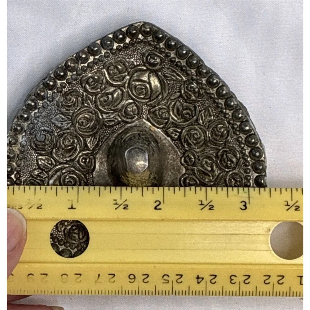 Heart Shaped Ornate Ring Holder Dish Silver Plated Vintage Patina Victorian Rose